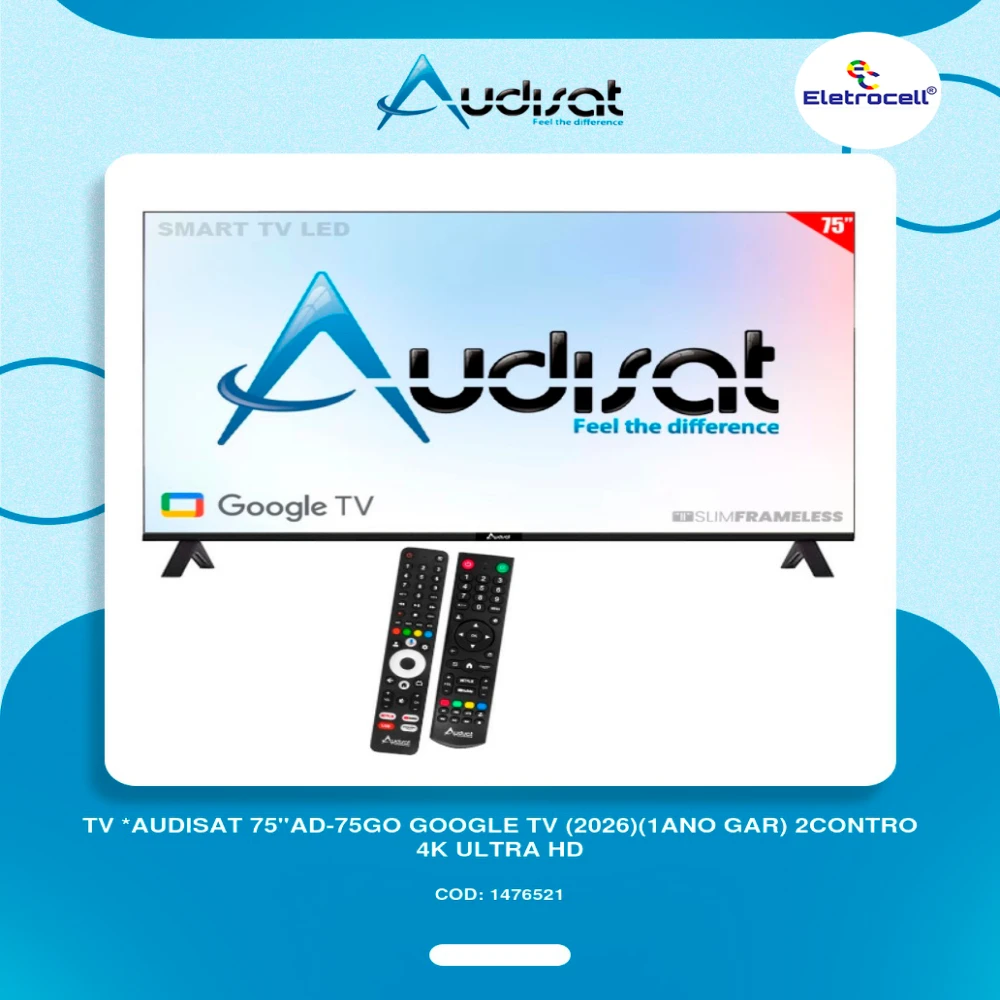 TV Audisat 75" AD-75GO Google TV (2026) (1 ano de garantia) 2 controles 4K Ultra HD