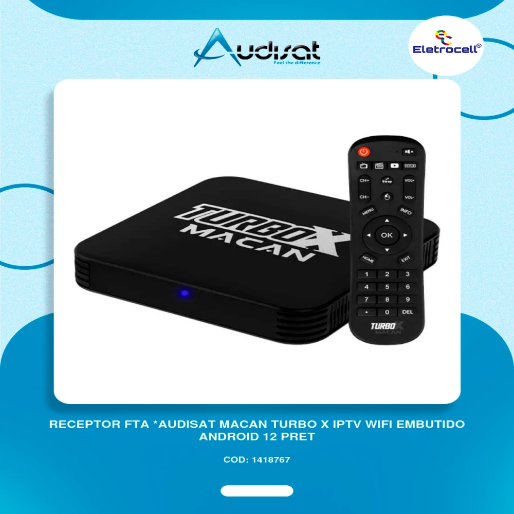 RECEPTOR FTA AUDISAT MACAN TURBO X IPTV WIFI EMBUTIDO ANDROID 12 PRETO